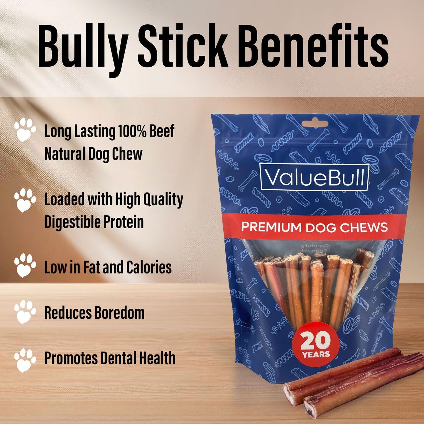 Bully Sticks for Dogs, Thick 6 Inch, 25 Count - All Natural Dog Treats, 100% Beef Pizzles, Single Ingredient