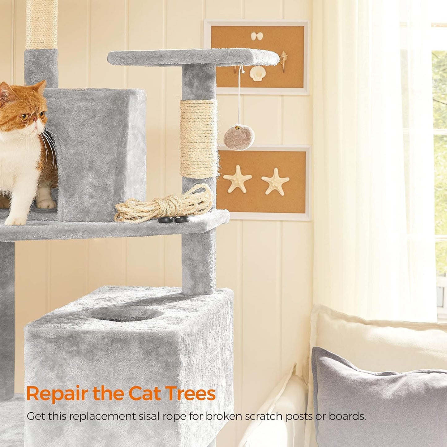Replacement Sisal Rope, 65.6 Feet Long for Cat Trees and Scratching Boards, with a 13 Inches Long Toy Stick, Beige UPCA001W01