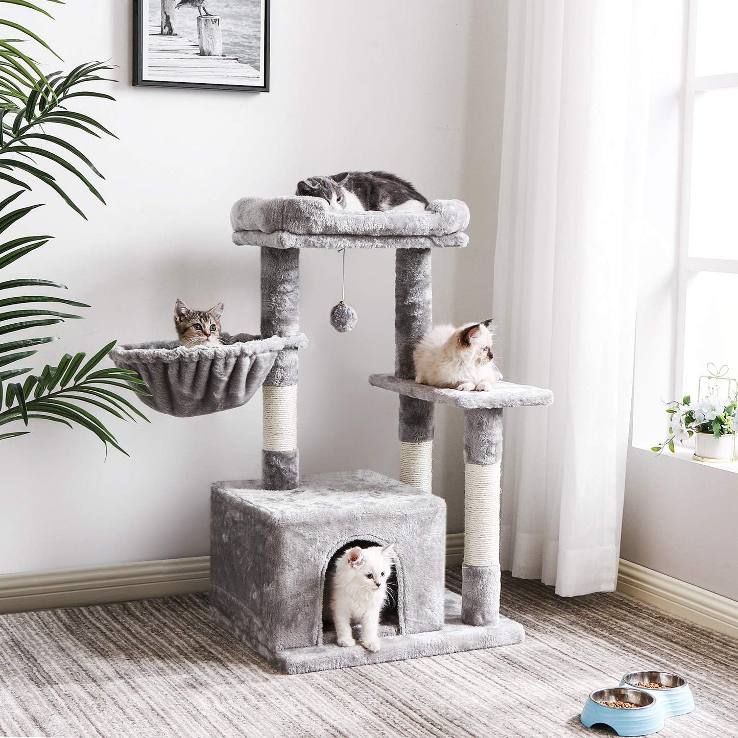 Cat Tree Condo with Scratching Post Cat Tower Padded Plush Perch and Cozy Basket for Kitten Light Grey MMJ11L