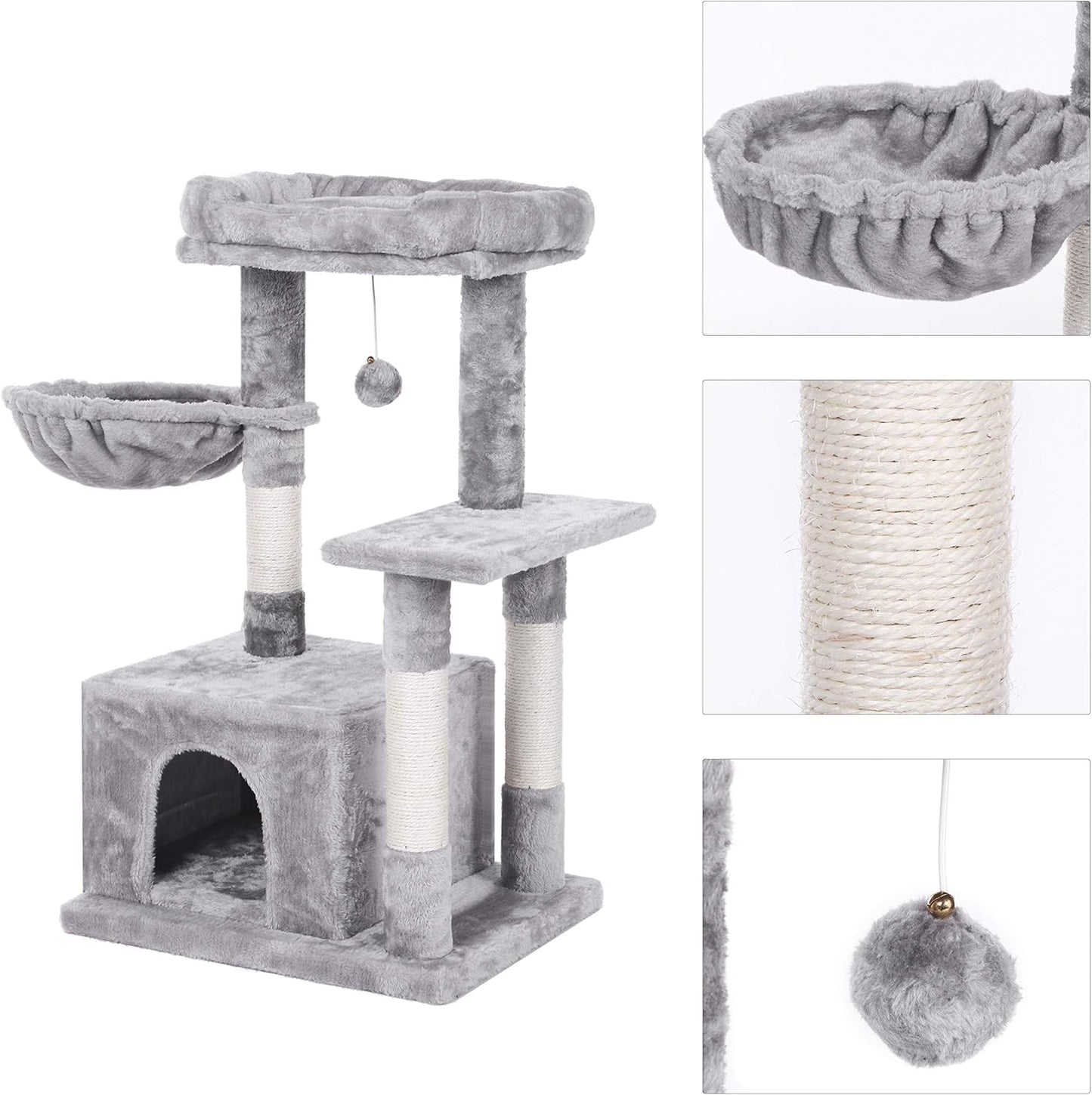 Cat Tree Condo with Scratching Post Cat Tower Padded Plush Perch and Cozy Basket for Kitten Light Grey MMJ11L
