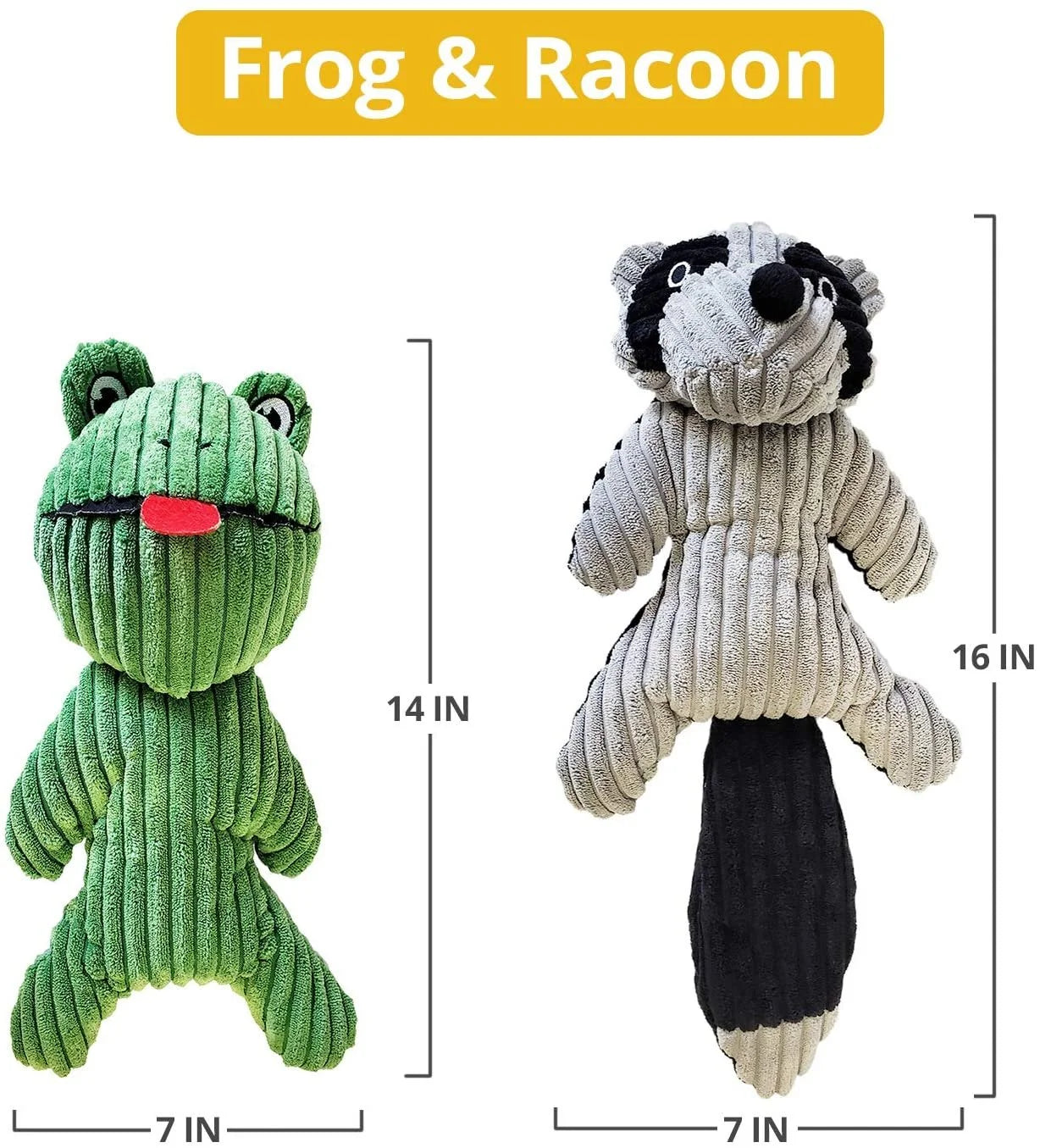 Plush Corduroy Chew Toys Set for Dogs and Puppies, Squeaky, Durable Frog and Raccoon Chewing Toys for Pets, Crinkle Noise Toys for Dogs of All Sizes