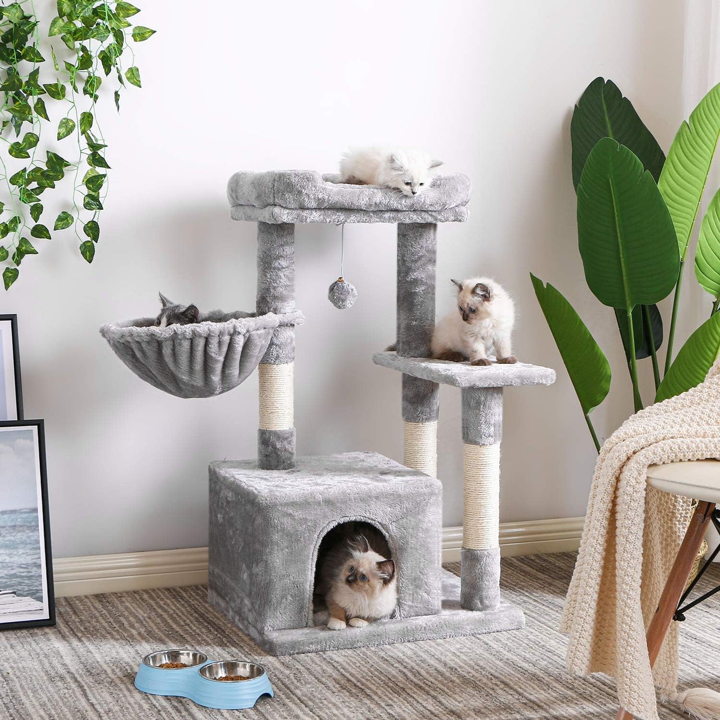 Cat Tree Condo with Scratching Post Cat Tower Padded Plush Perch and Cozy Basket for Kitten Light Grey MMJ11L