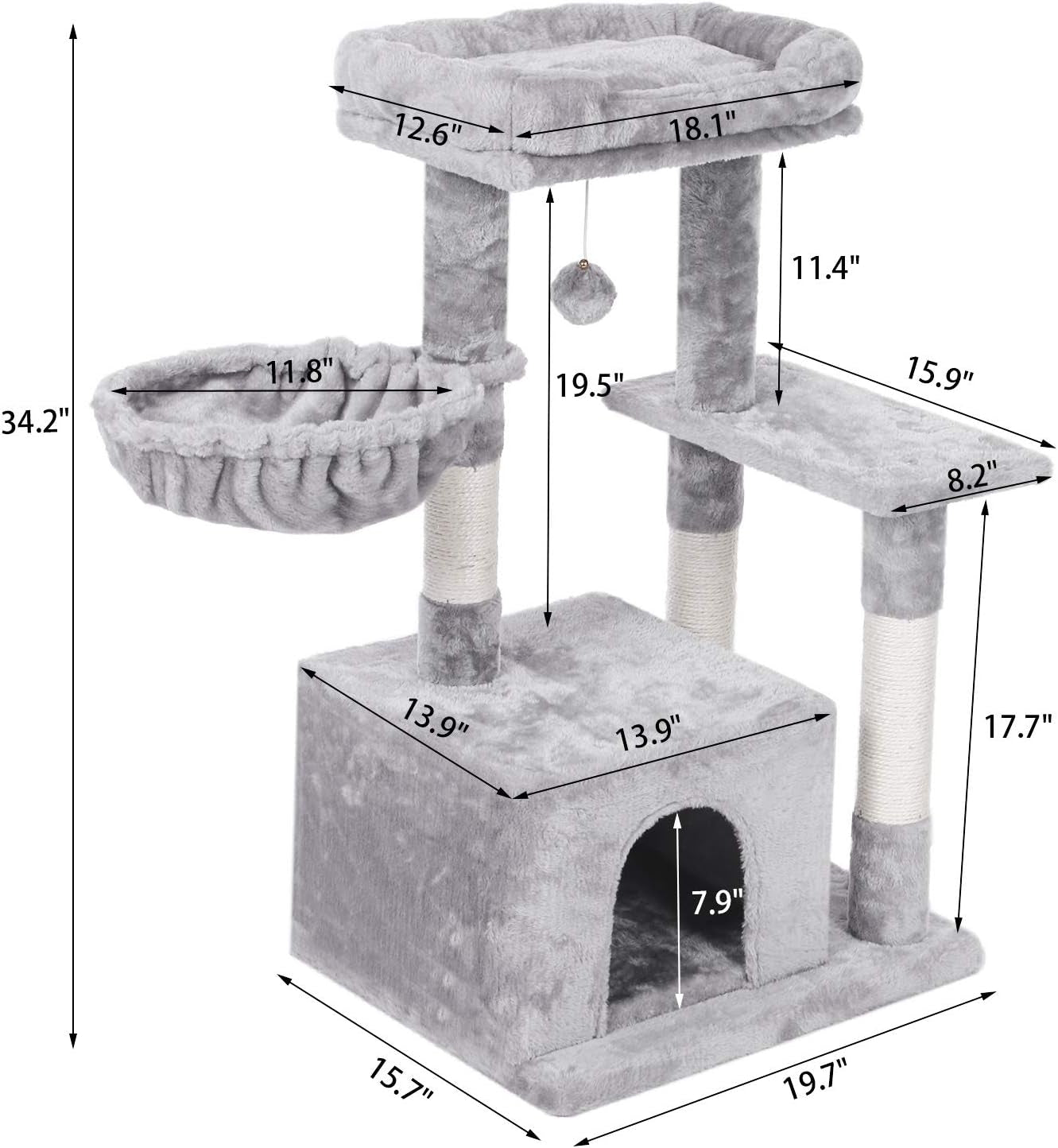 Cat Tree Condo with Scratching Post Cat Tower Padded Plush Perch and Cozy Basket for Kitten Light Grey MMJ11L