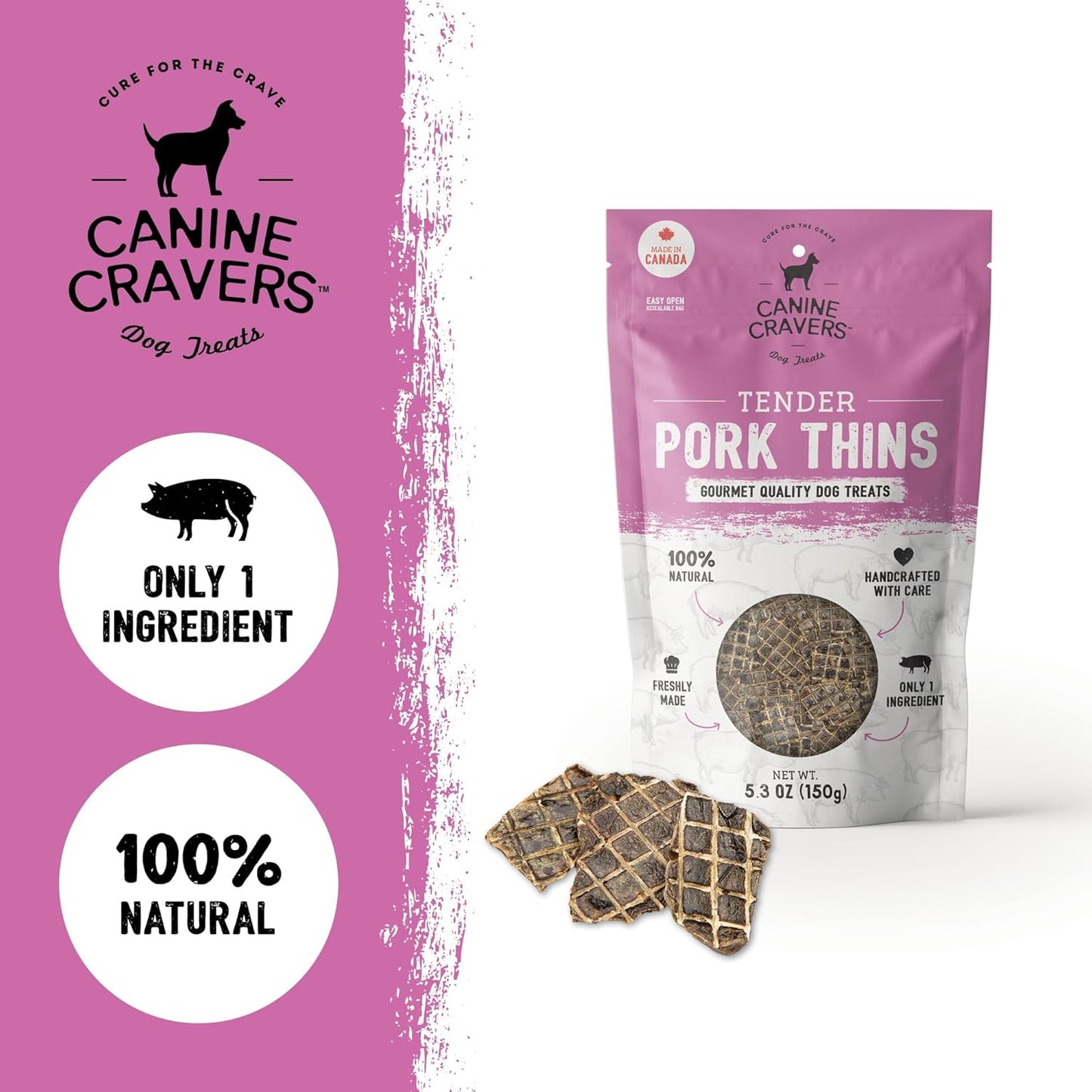 Canine Cravers Single Ingredient Dog Treats – Pork Thin Tenders - Human Grade Air Dried Hypoallergenic Pet Food – Grain, Gluten, and Soy Free – 100% All Natural - 5.3 Oz