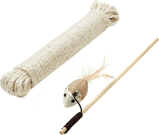 Replacement Sisal Rope, 65.6 Feet Long for Cat Trees and Scratching Boards, with a 13 Inches Long Toy Stick, Beige UPCA001W01