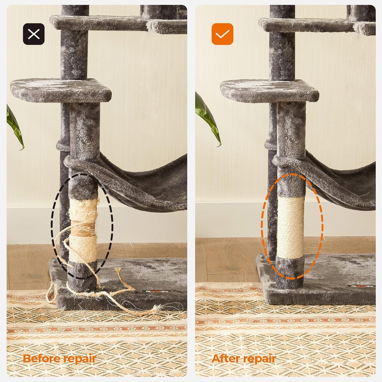 Replacement Sisal Rope, 65.6 Feet Long for Cat Trees and Scratching Boards, with a 13 Inches Long Toy Stick, Beige UPCA001W01