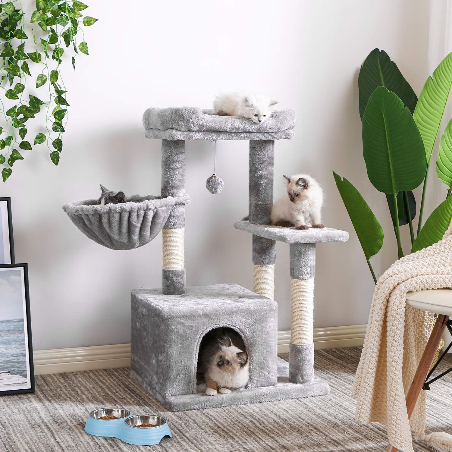 Cat Tree Condo with Scratching Post Cat Tower Padded Plush Perch and Cozy Basket for Kitten Light Grey MMJ11L