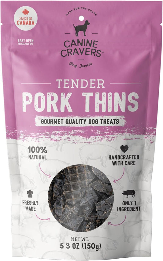 Canine Cravers Single Ingredient Dog Treats – Pork Thin Tenders - Human Grade Air Dried Hypoallergenic Pet Food – Grain, Gluten, and Soy Free – 100% All Natural - 5.3 Oz