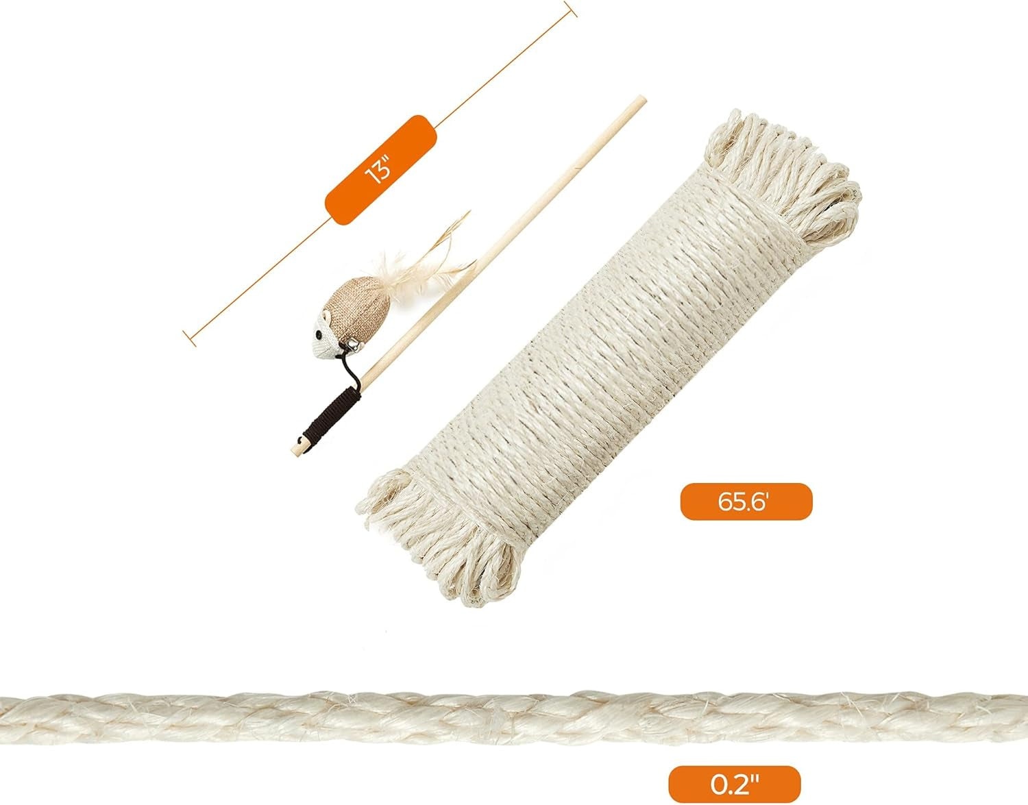 Replacement Sisal Rope, 65.6 Feet Long for Cat Trees and Scratching Boards, with a 13 Inches Long Toy Stick, Beige UPCA001W01