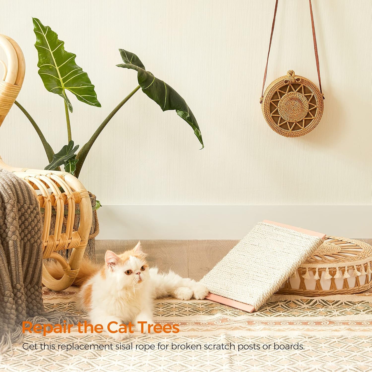 Replacement Sisal Rope, 65.6 Feet Long for Cat Trees and Scratching Boards, with a 13 Inches Long Toy Stick, Beige UPCA001W01