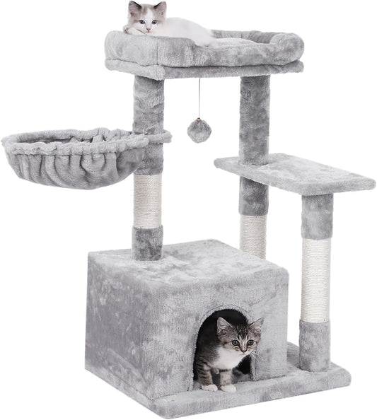 Cat Tree Condo with Scratching Post Cat Tower Padded Plush Perch and Cozy Basket for Kitten Light Grey MMJ11L